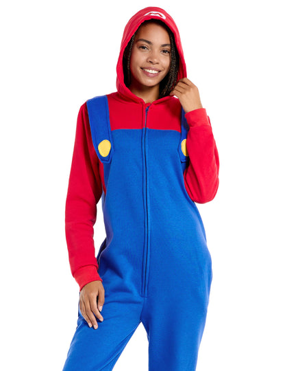 Combinaison Mario pour adulte rouge et bleu avec capuche