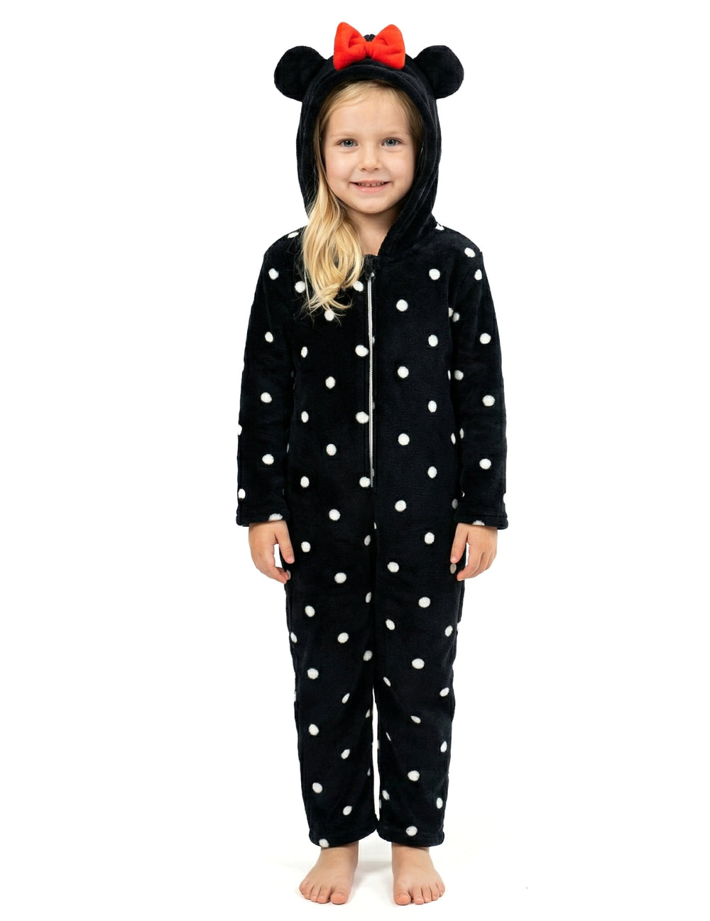 Combinaison Minnie pour enfant noire à pois blancs avec capuche à oreilles et nœud rouge