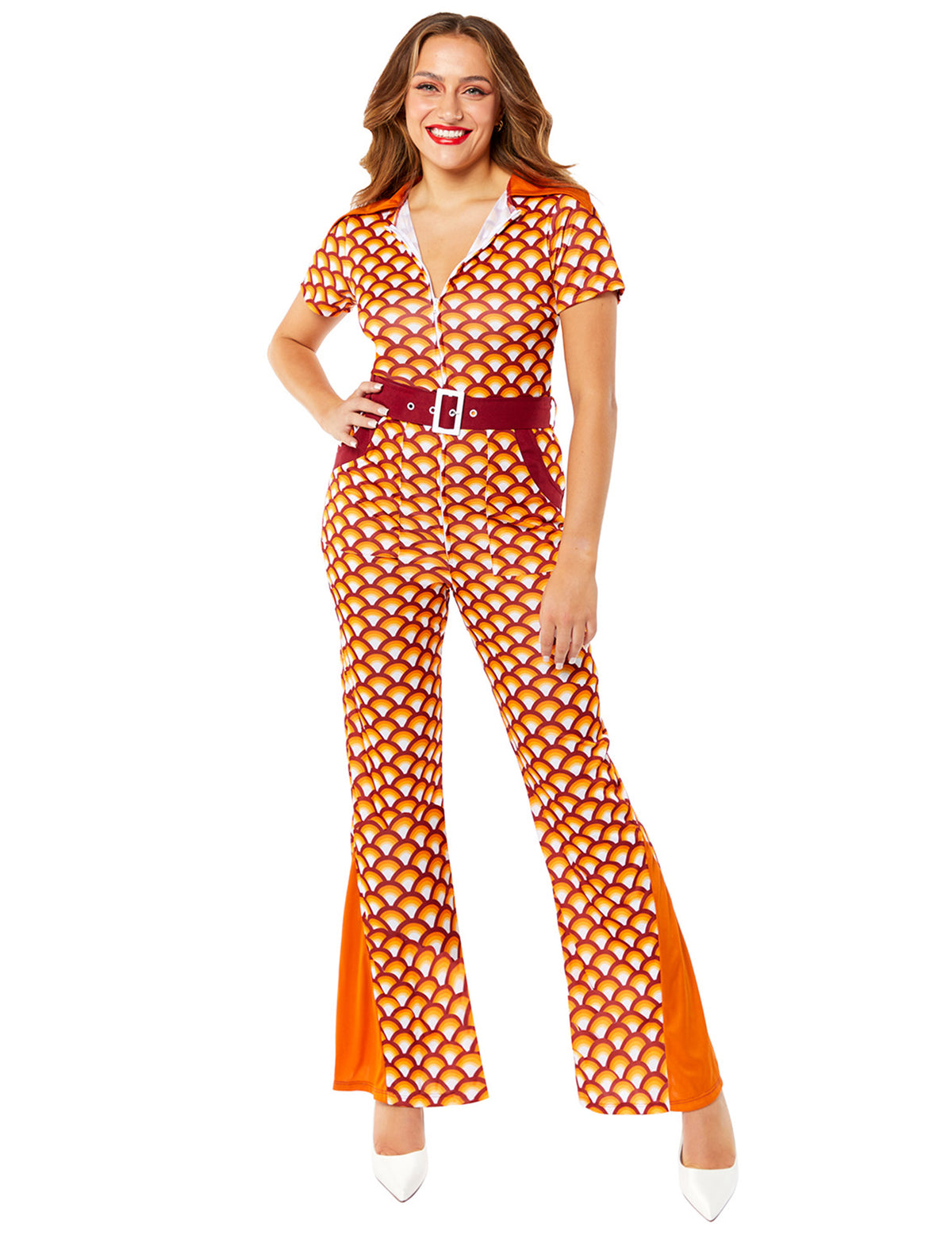Combinaison années 70 pour femme orange à motifs rétro avec ceinture