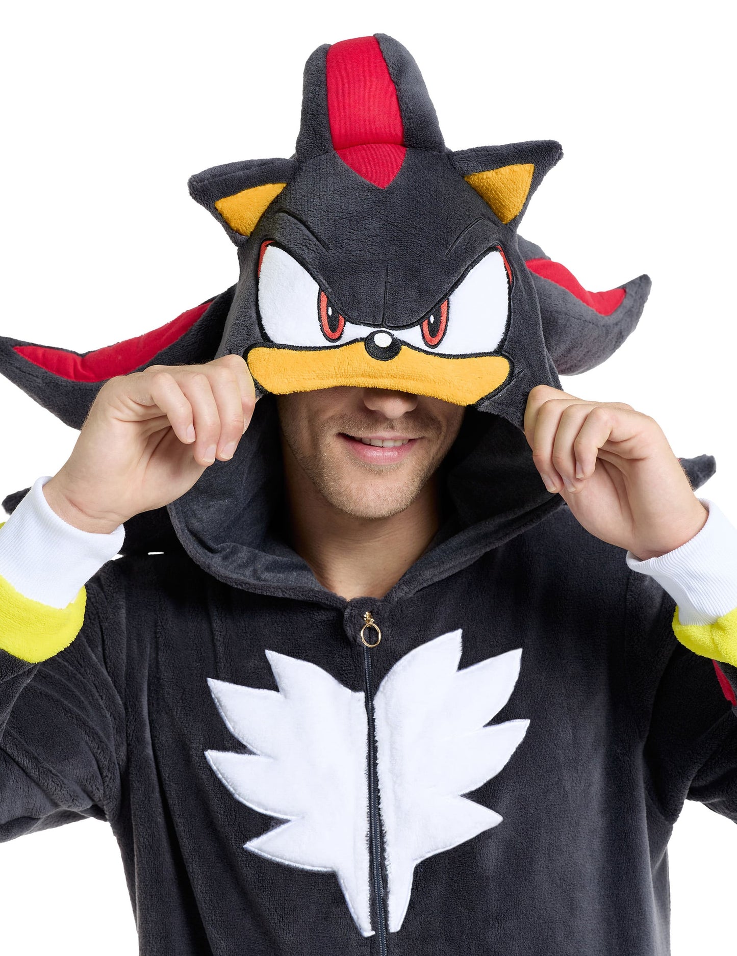 Combinaison Shadow Sonic™ pour adulte noire avec capuche tête de hérisson et plastron blanc