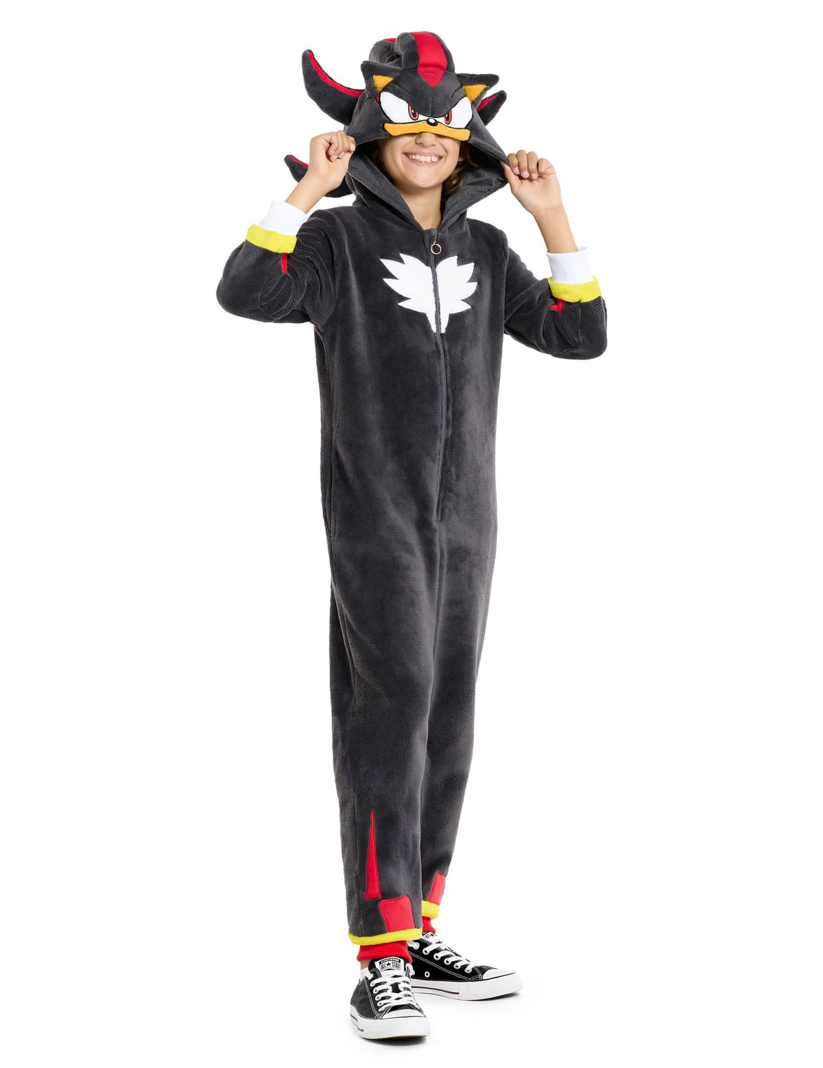 Combinaison Shadow Sonic™ pour enfant noire avec capuche à oreilles et piques rouges