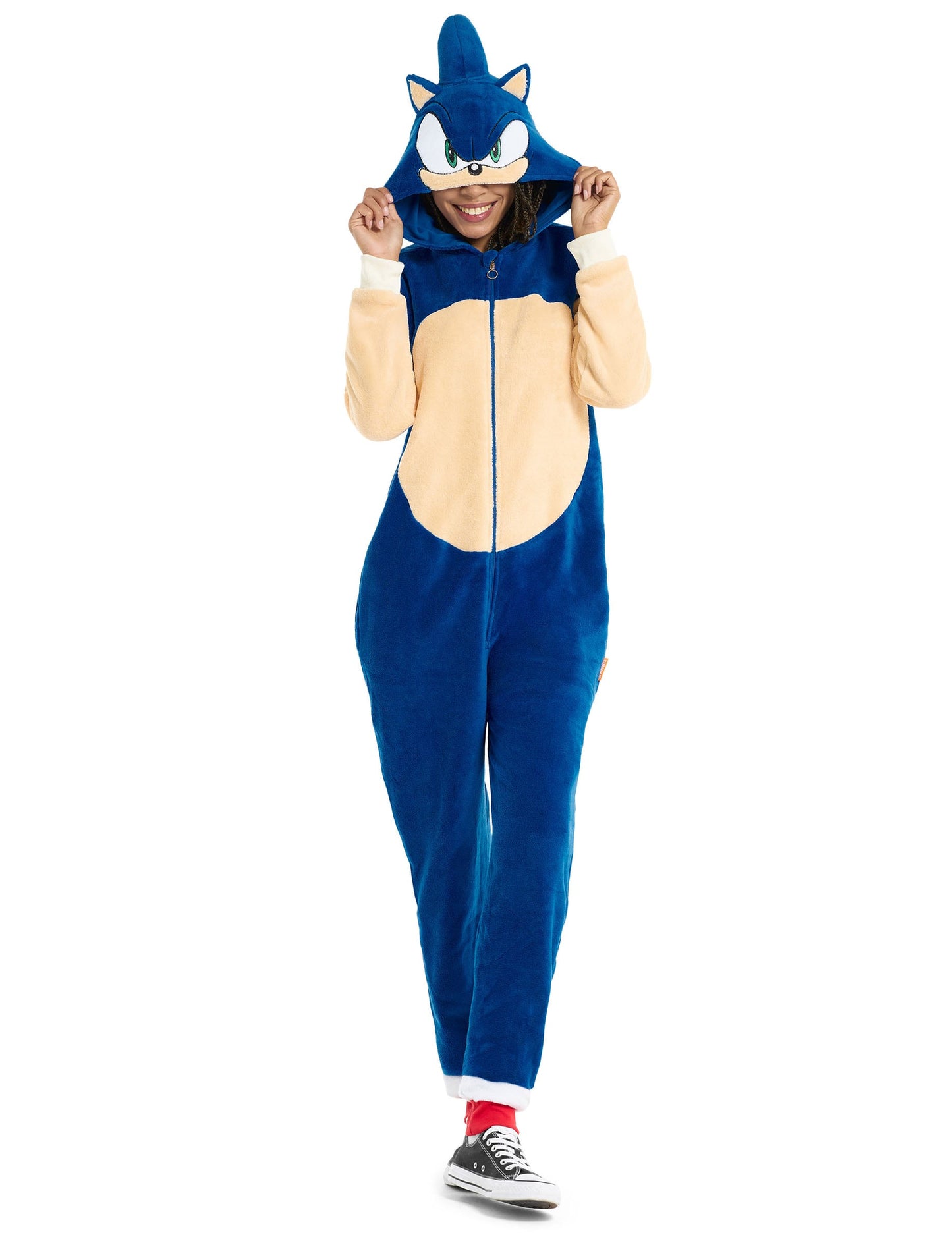 Vue d'ensemble de face de la combinaison Sonic le hérisson pour adulte