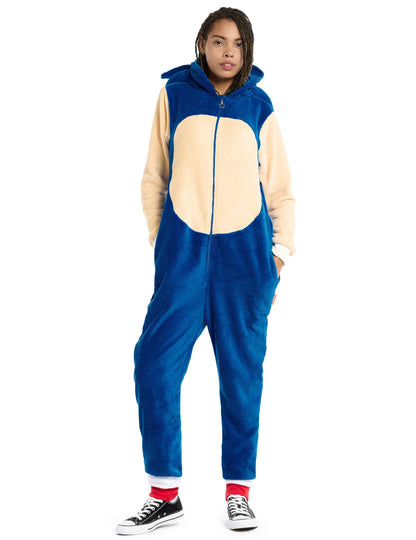 Vue d'ensemble de face de la combinaison Sonic le hérisson pour adulte