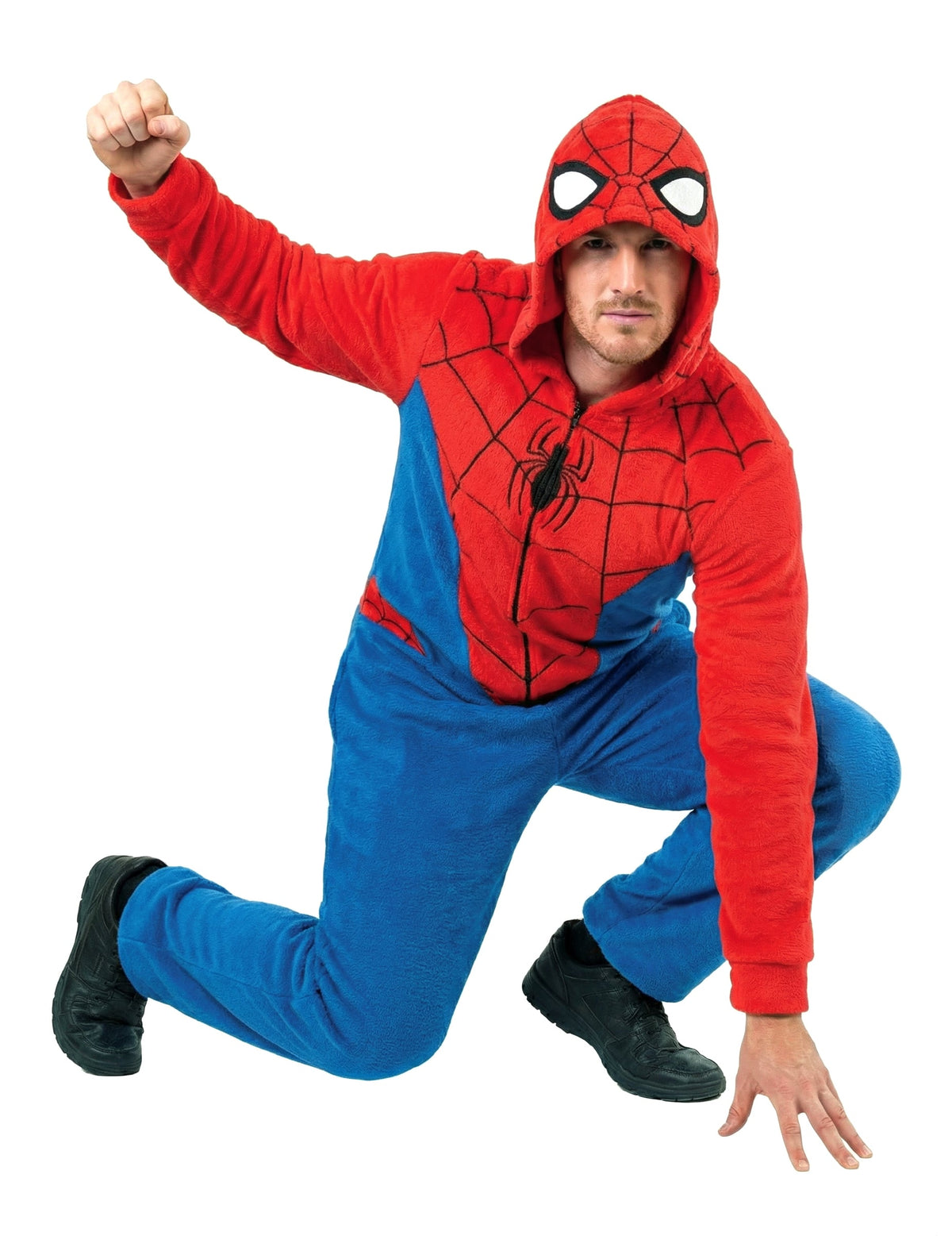 Pose héroïque de face de la combinaison Spiderman classique pour adulte