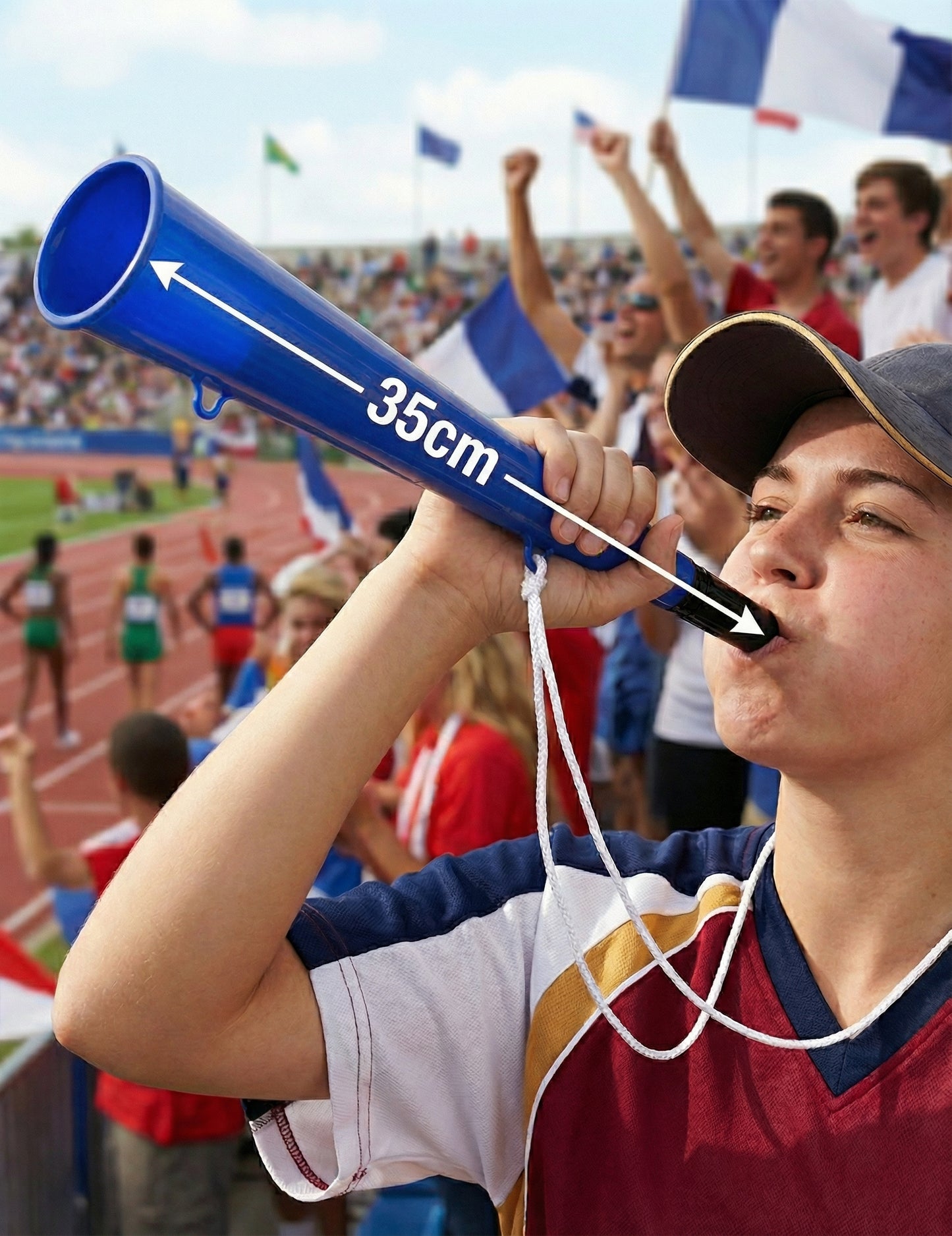 Détail de la dimension de la corne de supporter pour adulte bleue