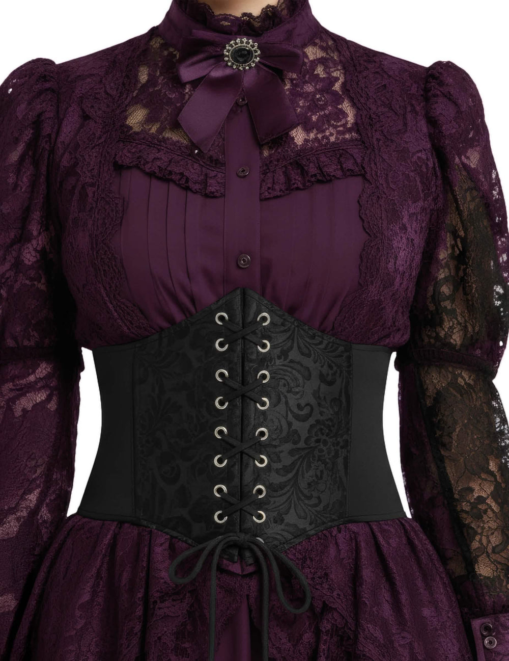 Corset elastic cu motiv baroc pentru femeie negru cu șireturi
