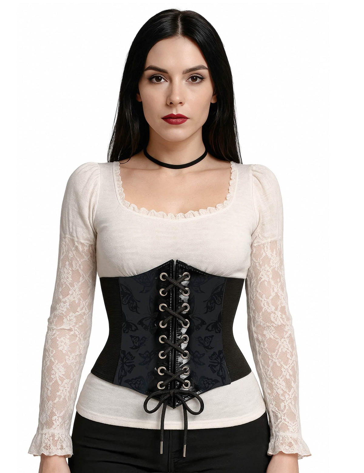 Corset elastic cu model de fluturi pentru femeie negru cu șiret frontal