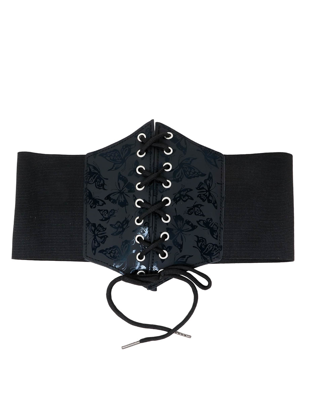 Prim-plan pe șiretul frontal al corsetului elastic cu motiv fluturi