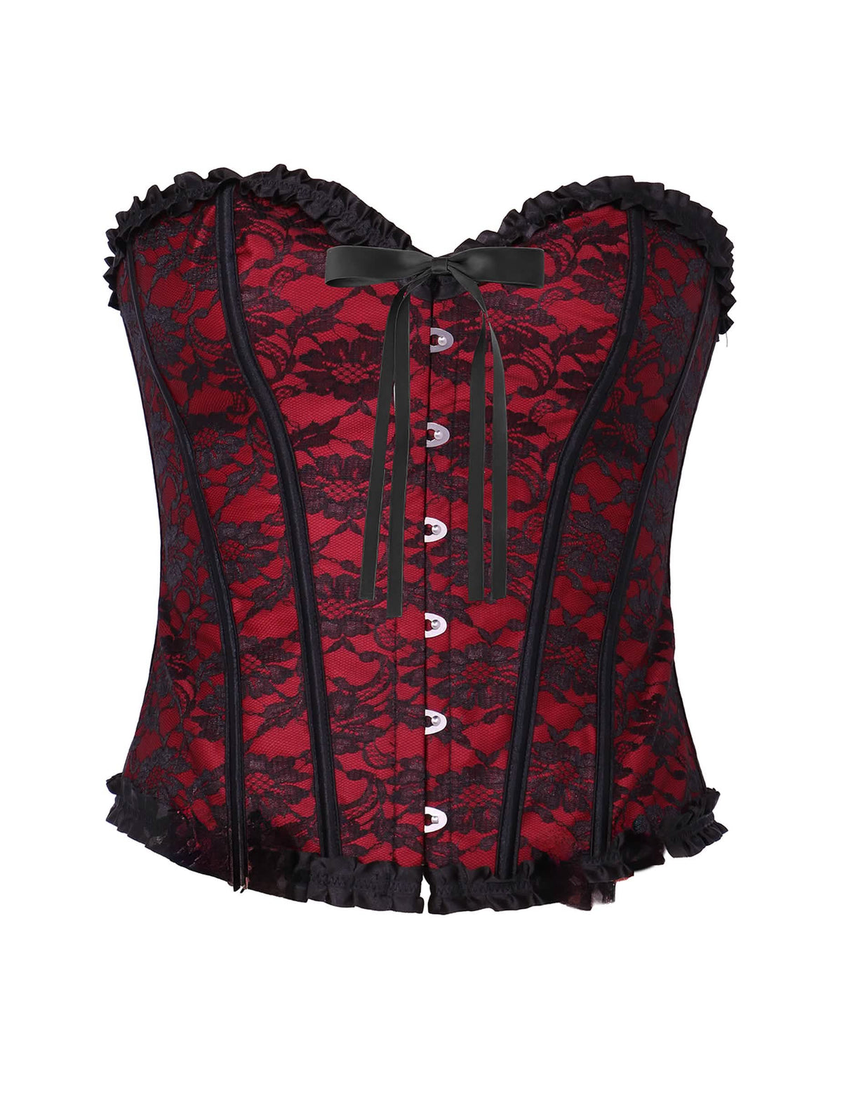 Vue de face du corset pour femme rouge à dentelle noire