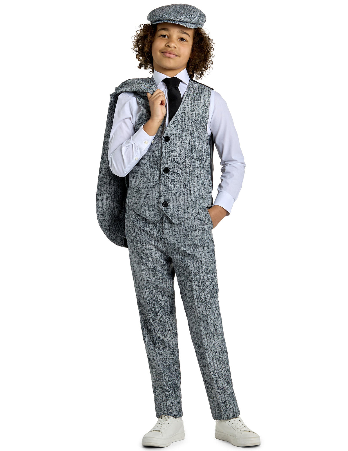 Vue de face avec veste sur l'épaule du costume Mr. Années 20 Gangster