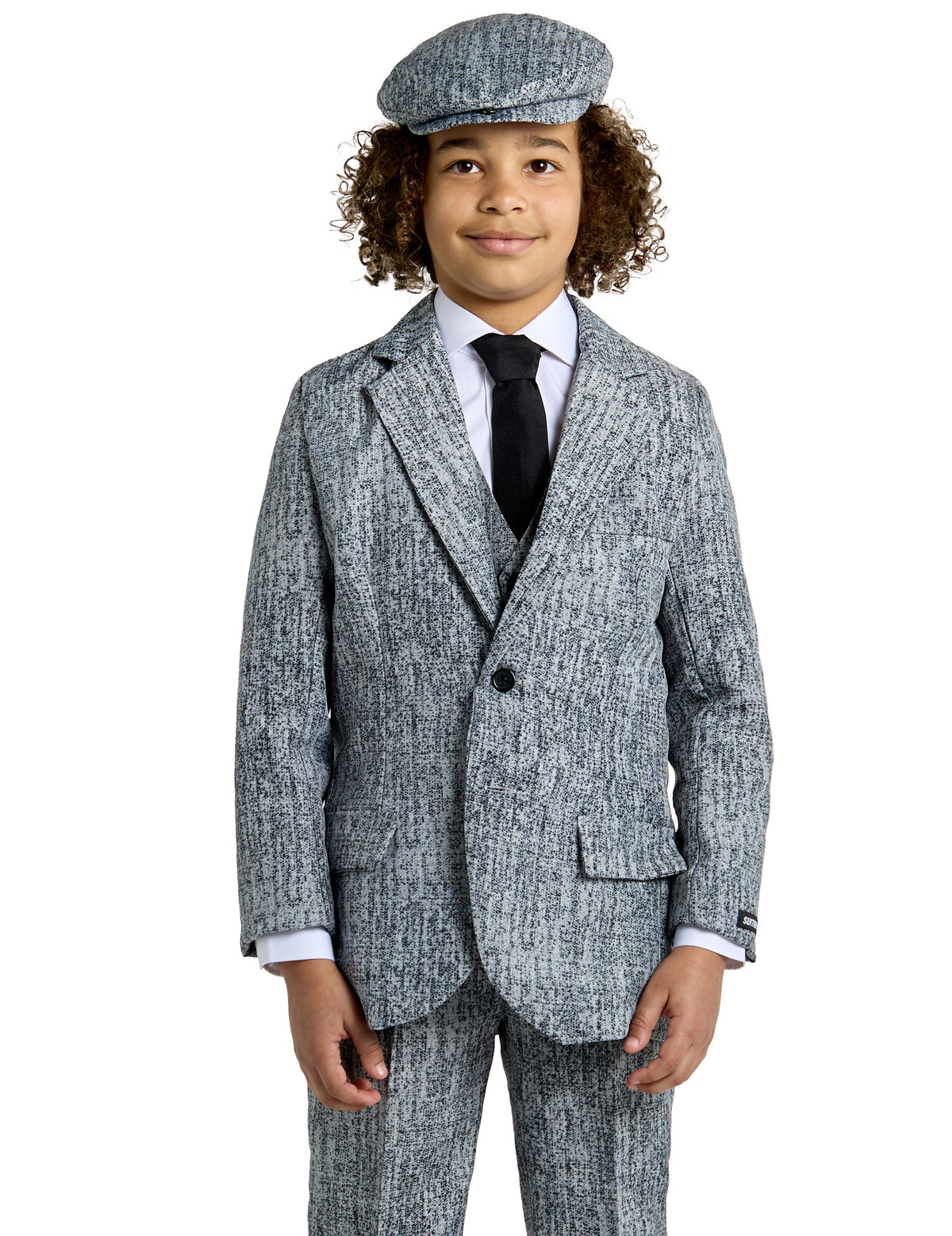 Gros plan sur le buste et la casquette du costume Mr. Années 20 Gangster pour enfant