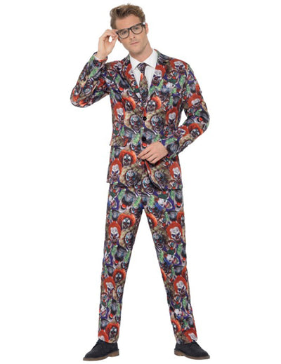 Costumul Mr. Clown malefic pentru adulți cu imprimeu de clovni colorați