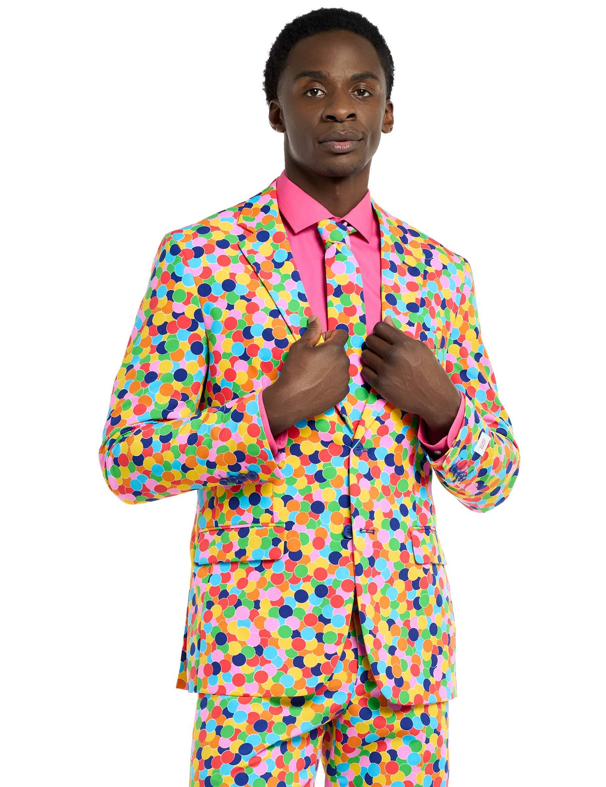 Detaliu al sacoului și al cravatei costumului Mr. Confetteroni Opposuits pentru bărbat