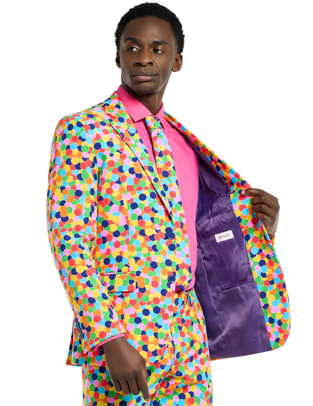 Vedere din profil a sacoului deschis al costumului Mr. Confetteroni Opposuits pentru bărbat