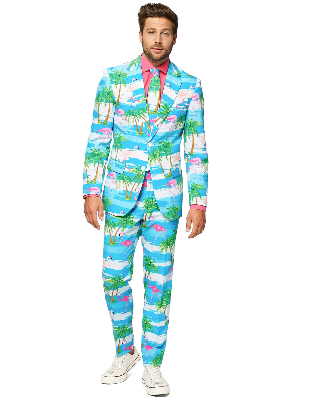 Costum Mr. Flamingo pentru bărbat albastru cu motive cu flamingo roz și palmieri
