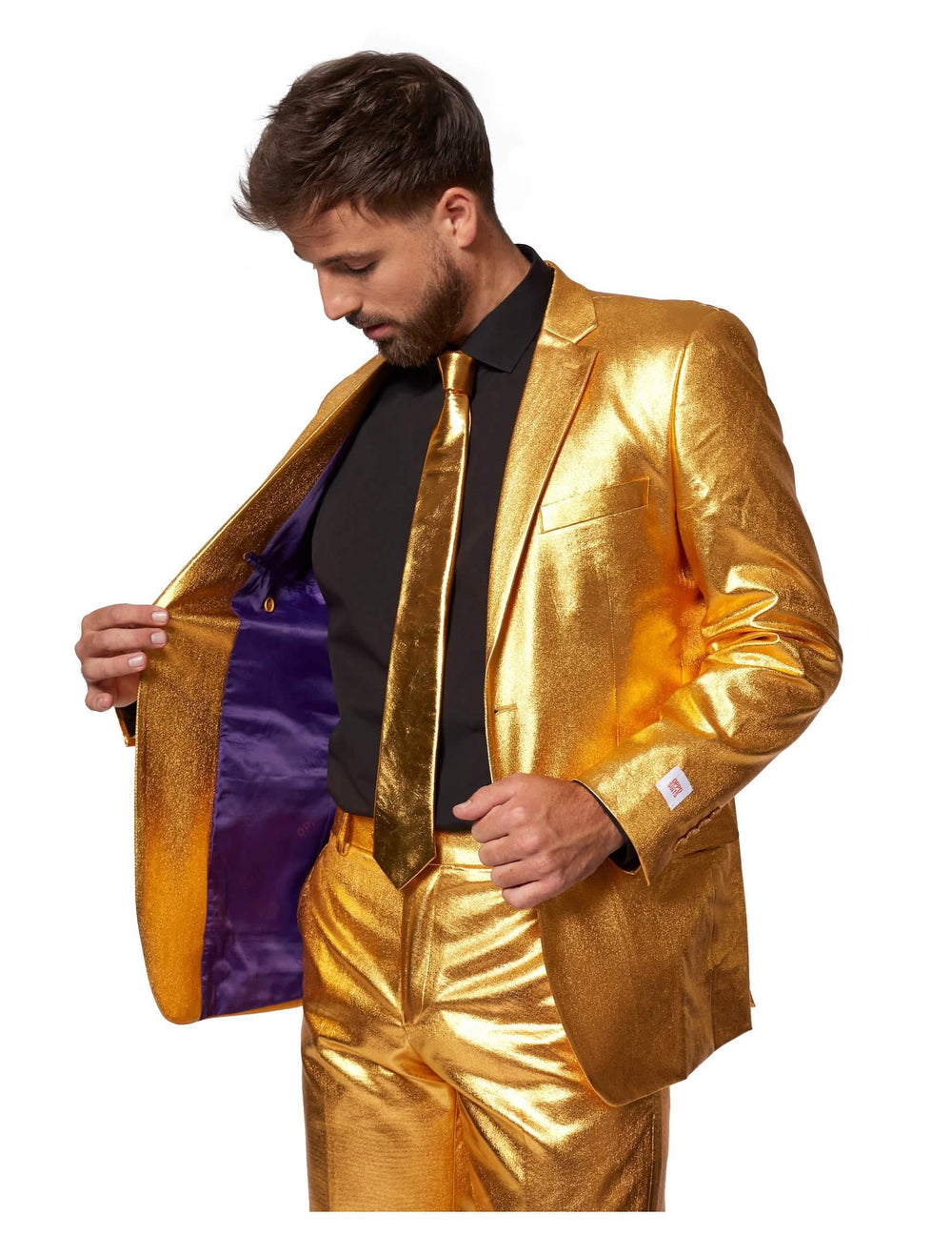 Detaliu al căptușelii mov a sacoului costumului Mr. Groovy Gold Opposuits pentru bărbat