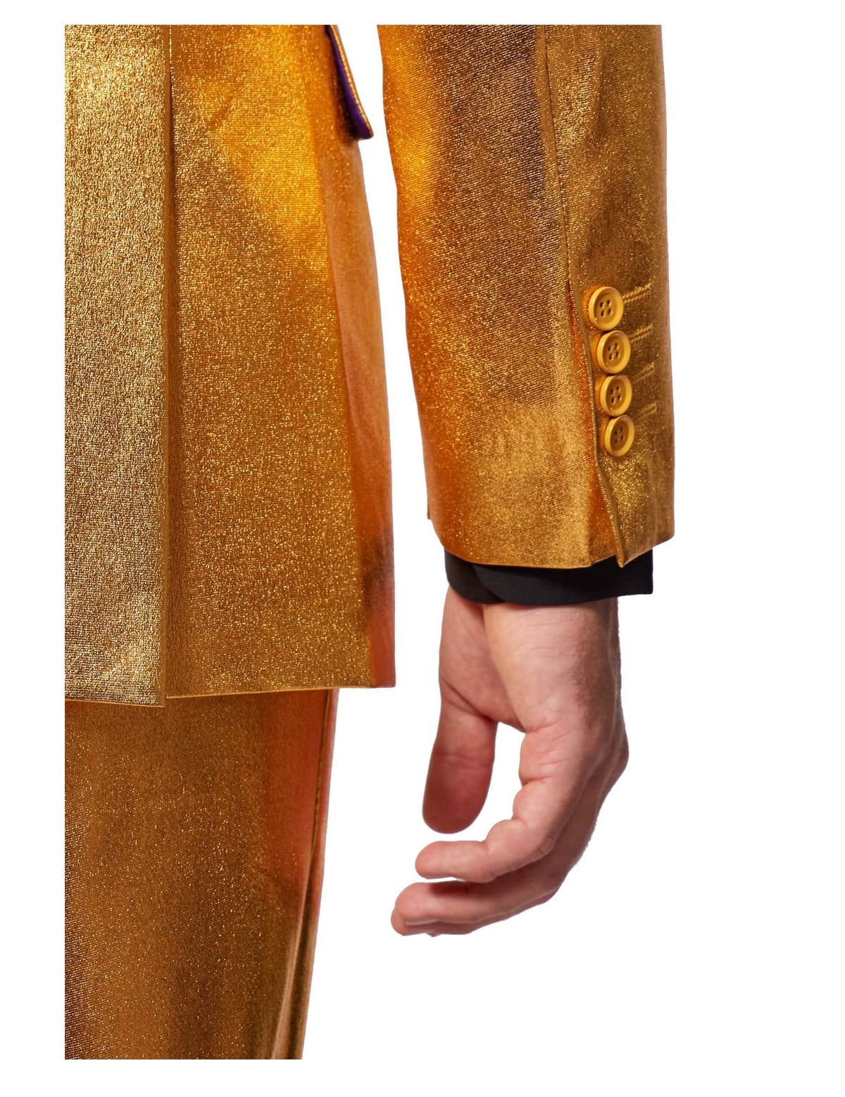 Detaliu al mânecii și al nasturilor costumului Mr. Groovy Gold Opposuits pentru bărbat