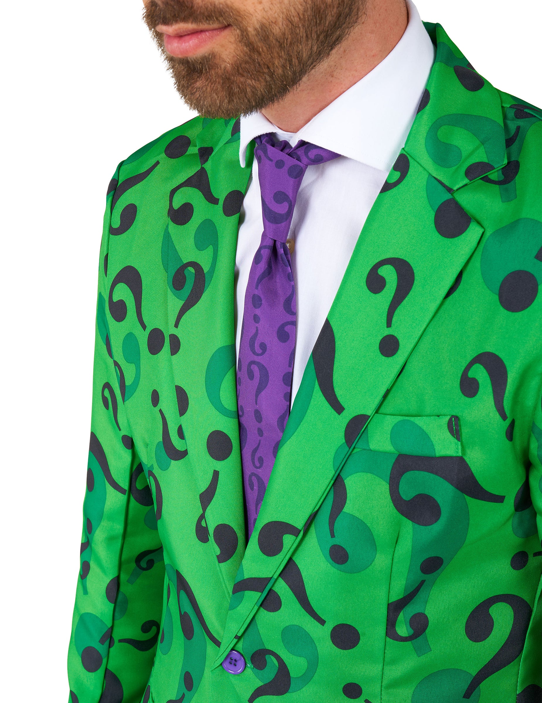 Détail de la cravate et du veston du Costume Mr. Riddler Suitmeister