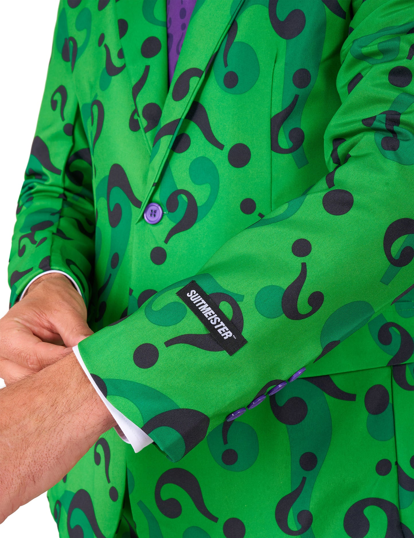 Détail de l'étiquette de la manche du Costume Mr. Riddler Suitmeister