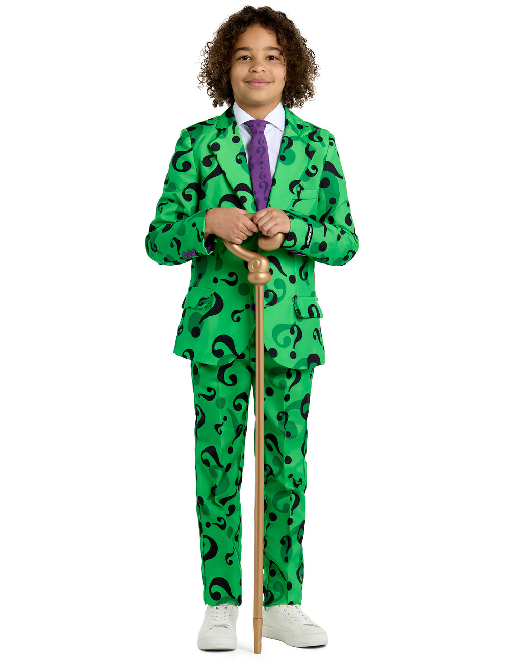 Costume Mr. Riddler™ Suitmeister™ pour enfant vert avec motifs points d'interrogation noirs et cravate violette