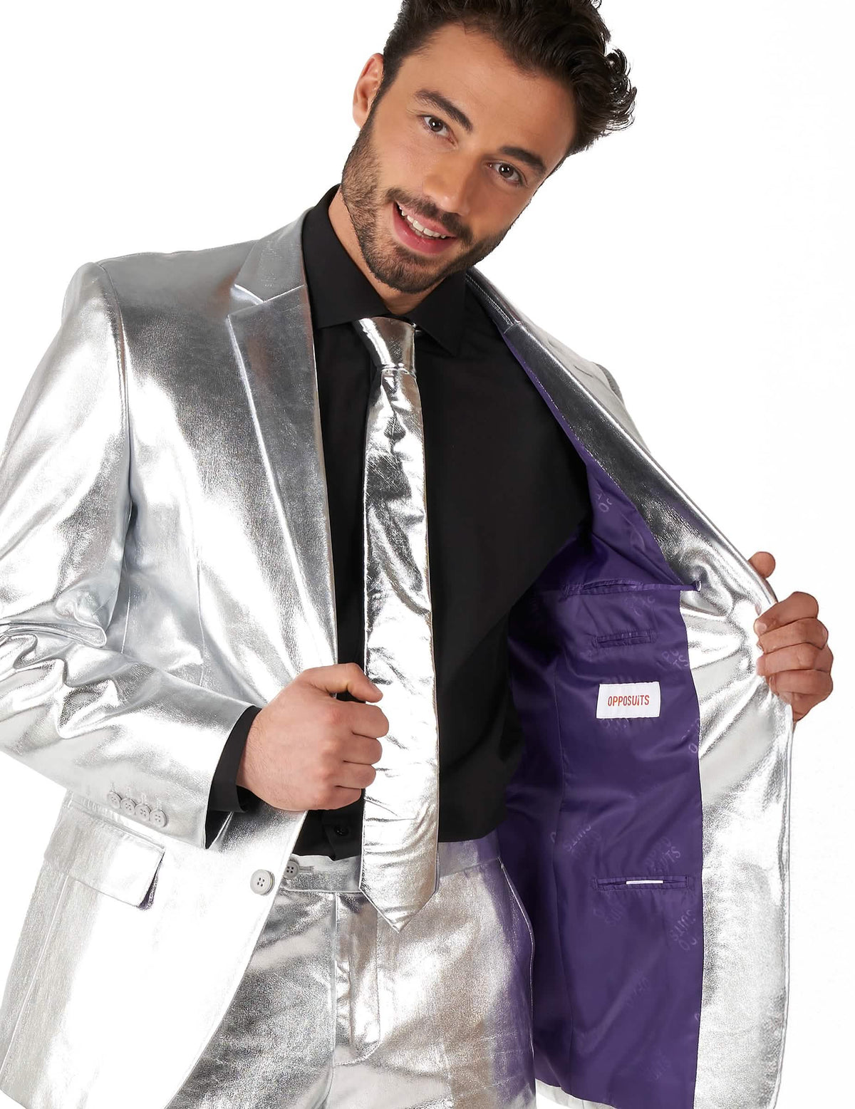 Detaliu al căptușelii interioare mov a costumului Mr. Shiny Silver pentru bărbat