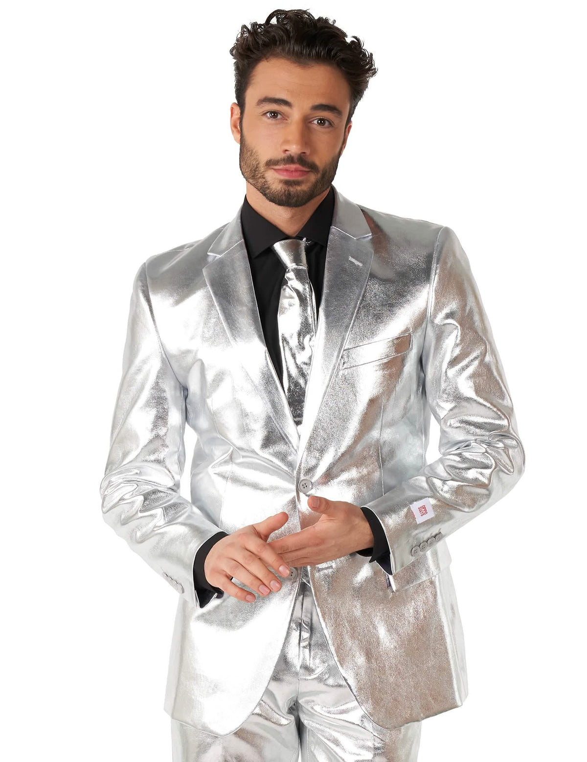 Prim-plan asupra jachetei și cravatei costumului Mr. Shiny Silver pentru bărbat