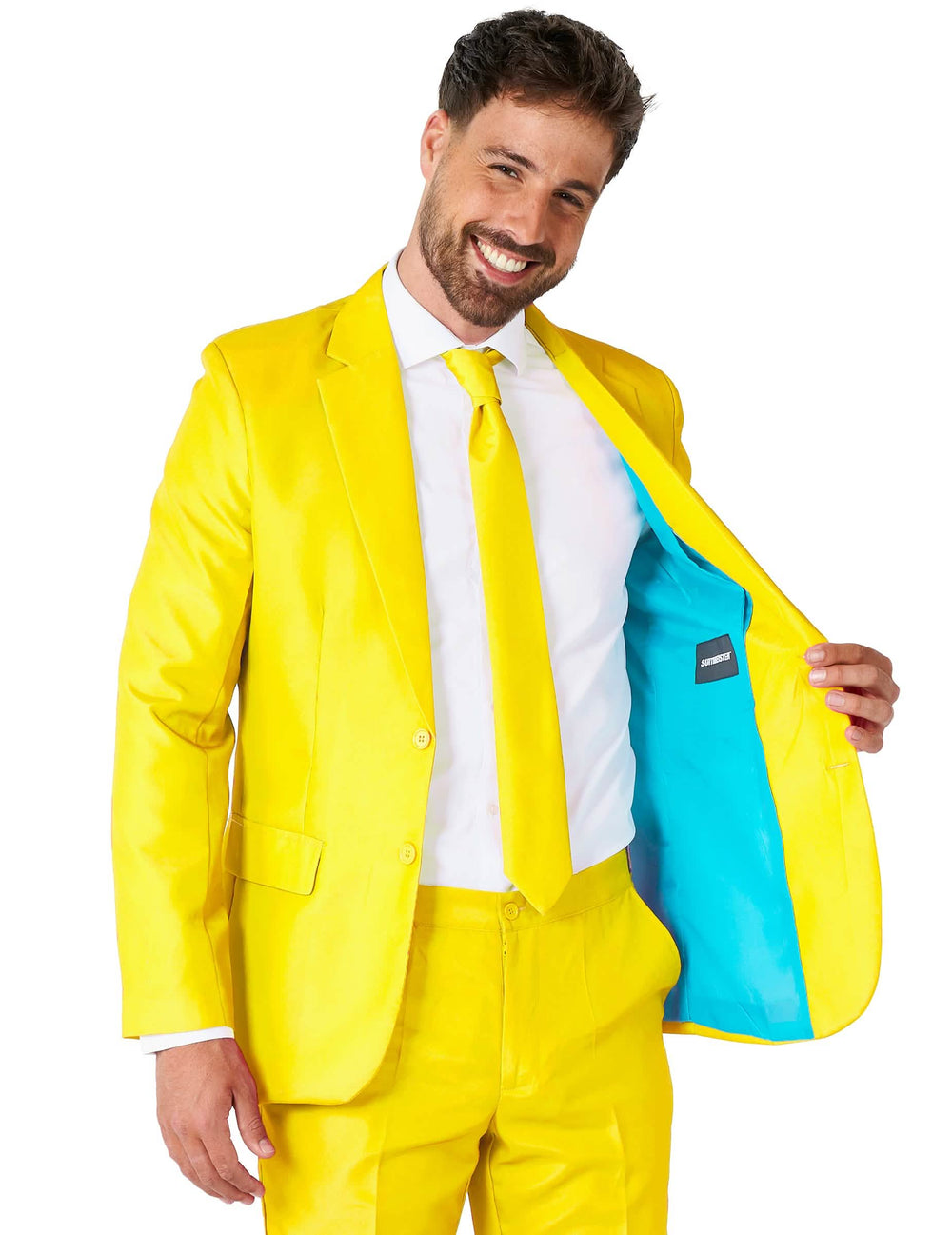 Detaliu al căptușelii turcoaz a jachetei Costumului Mr. Solid pentru bărbat galben