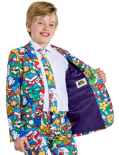 Détail de la doublure intérieure de la veste du costume Mr. Super Mario pour adolescent