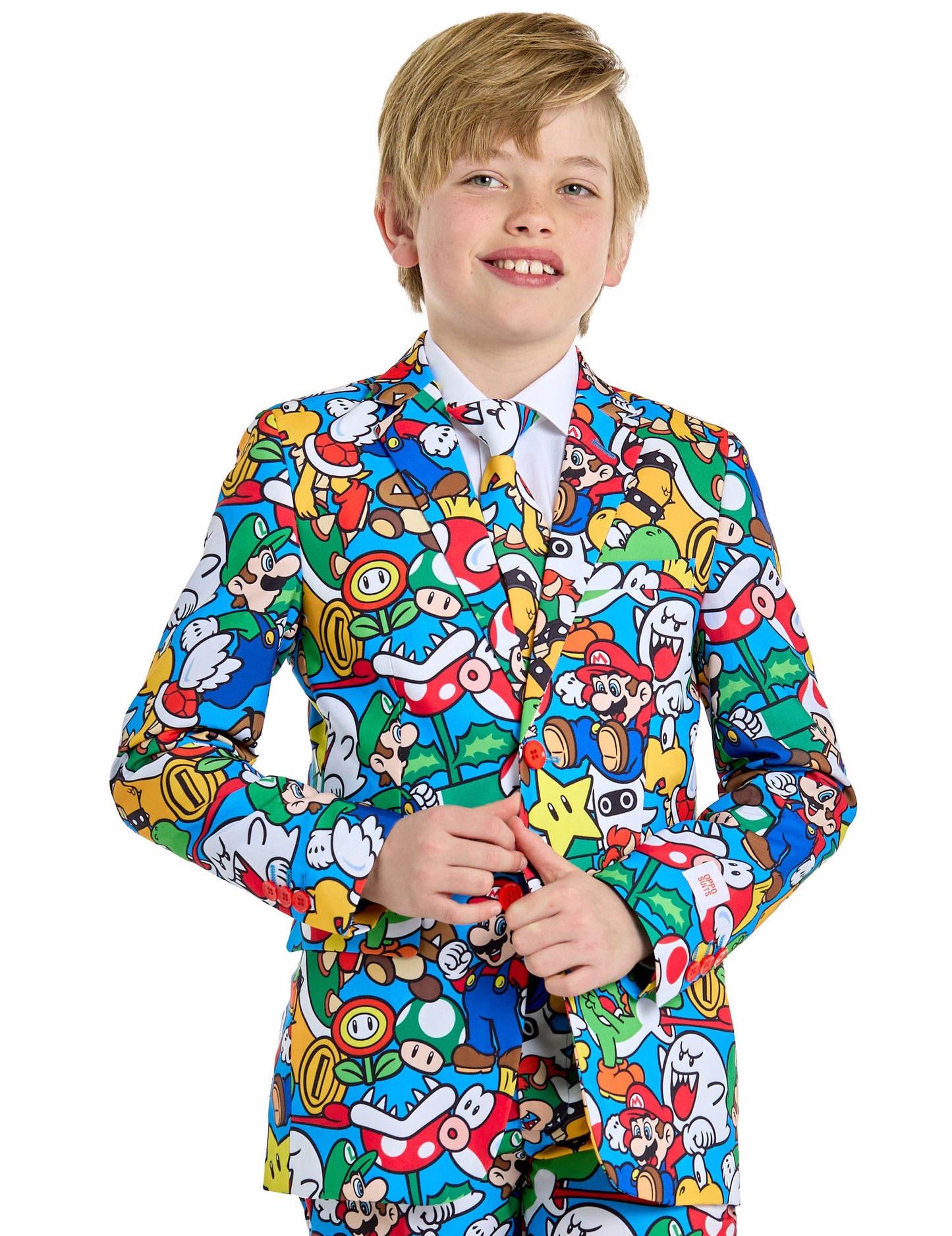 Gros plan sur le haut du costume Mr. Super Mario pour adolescent