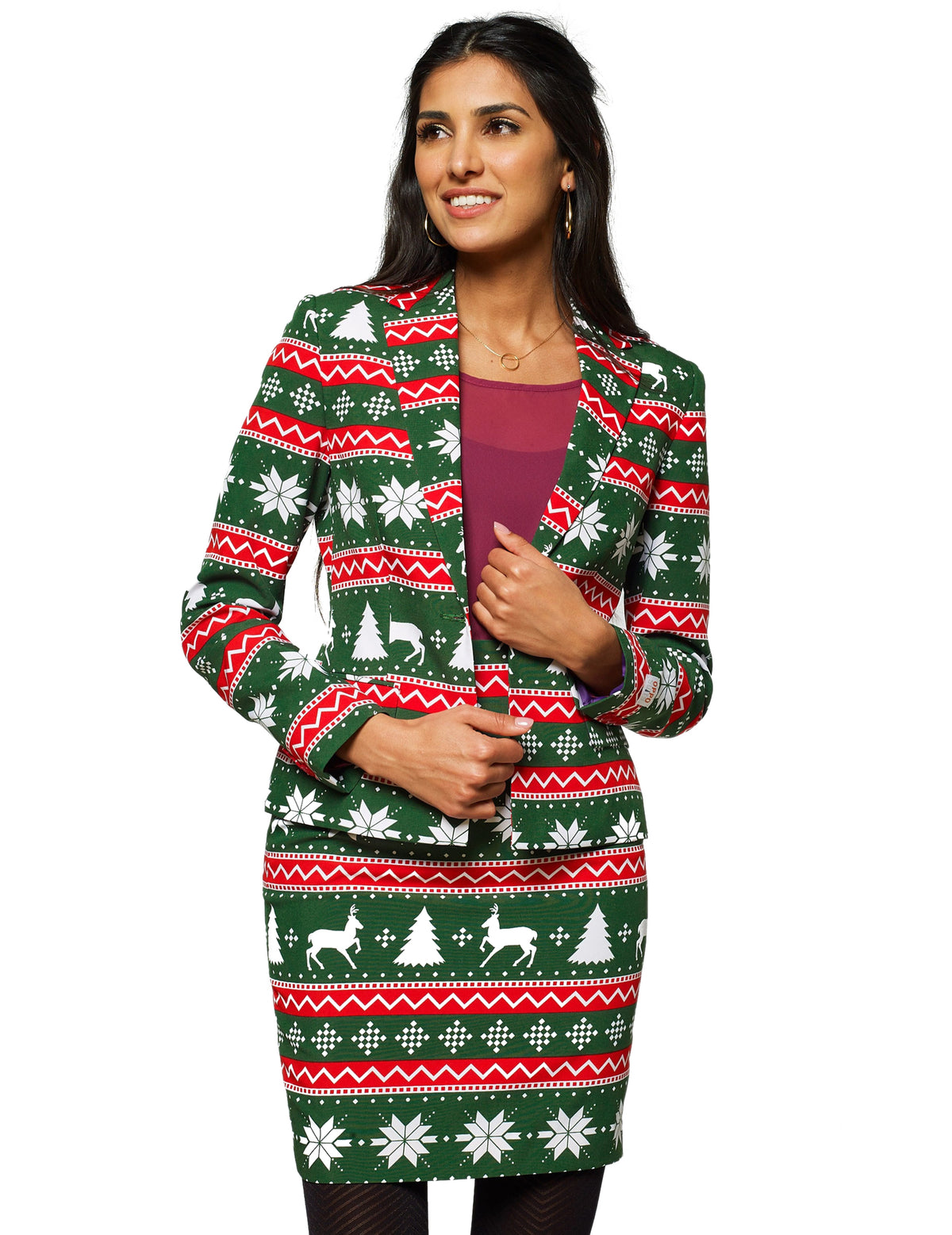 Costume Mrs. Festive pour femme vert avec motifs de Noël rouges et blancs
