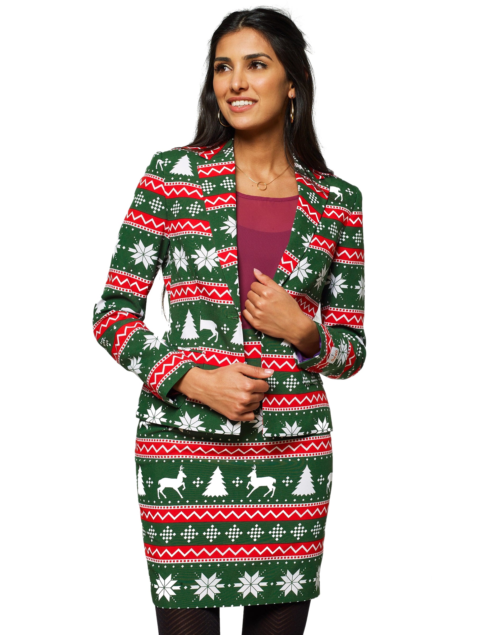 Costume Mrs. Festive pour femme vert avec motifs de Noël rouges et blancs