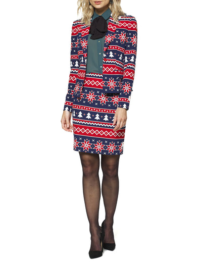 Costum Mrs. Nordic Xmas pentru femei, roșu, albastru și alb, cu motive nordice