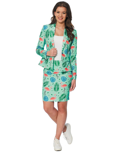 Costum Mrs. Tropical pentru femei, verde mentă, cu motive cu flamingo roz și frunze tropicale