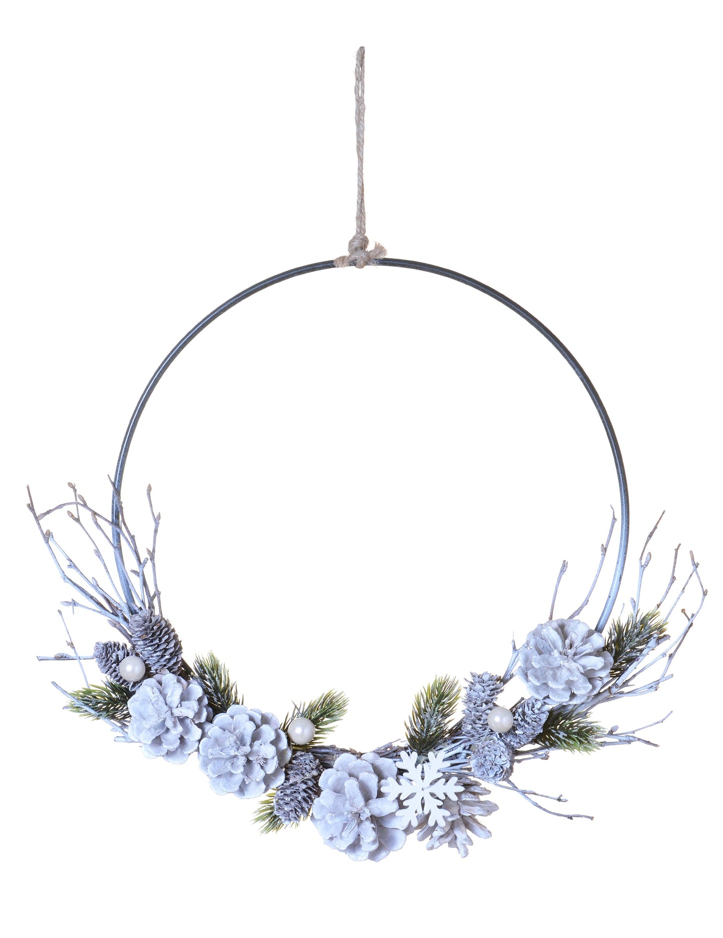 Couronne à suspendre Noël polaire pour décoration avec pommes de pin givrées
