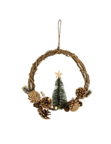 Coroană suspendată cu brad și conuri de pin aurii 28 cm Crăciun