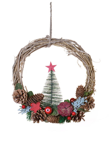 Coroană tradițională din brad natural, agățată, 35 cm de răchită