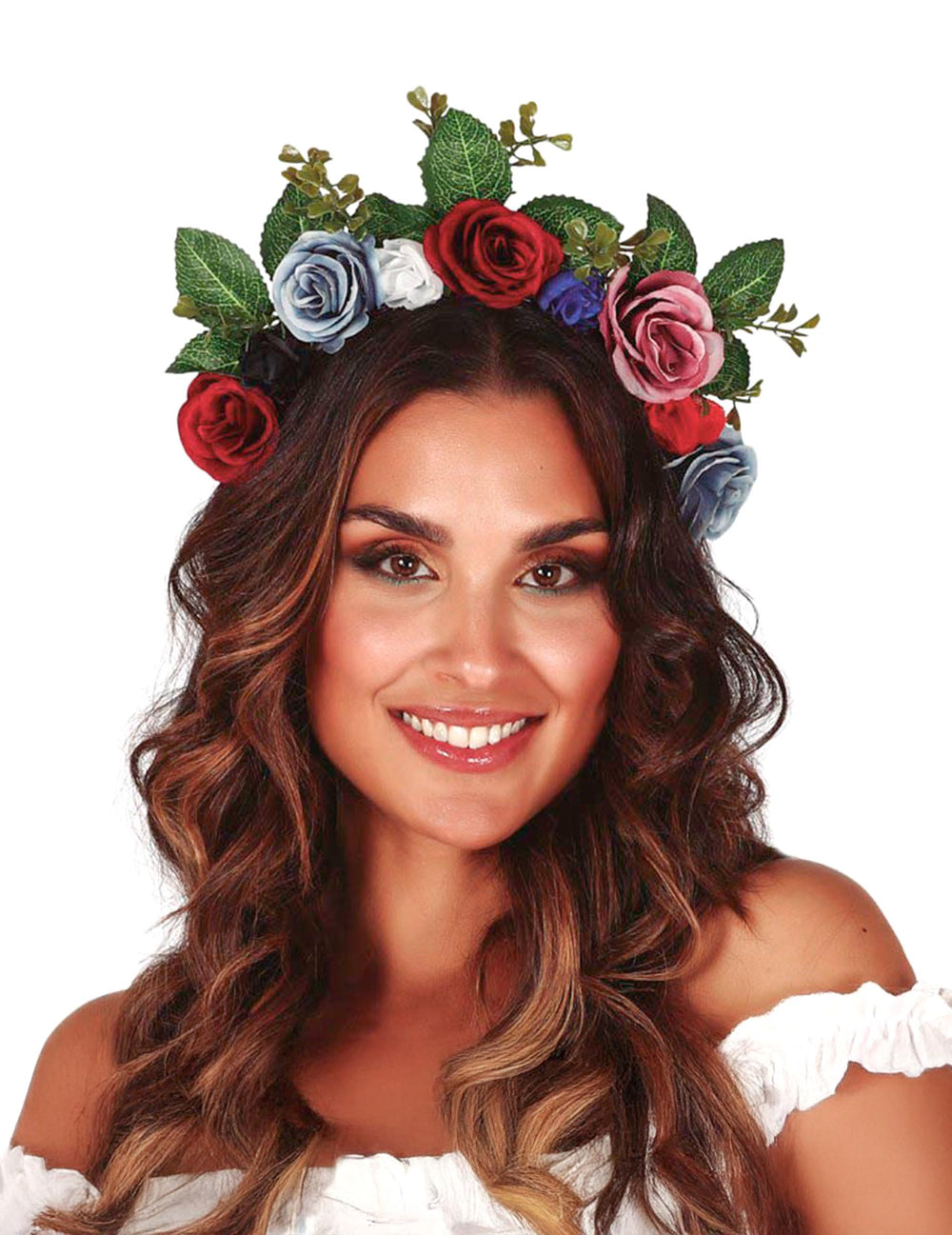Couronne de fleurs foncées pour femme avec roses rouges et bleues