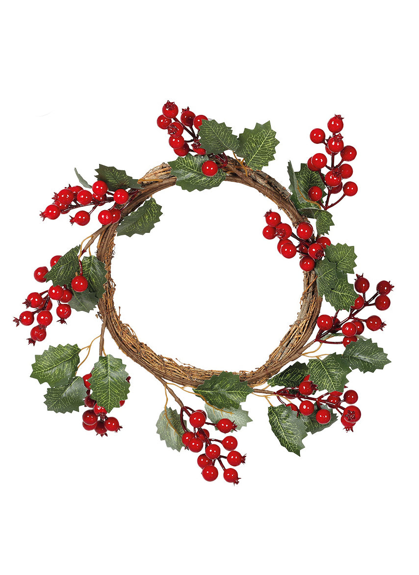 Coroană de ilex și fructe de pădure roșii 32 cm, Decorațiuni de Crăciun