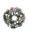 Couronne de Noël naturelle pommes de pin enneigées blanc et vert avec étoiles et grelots