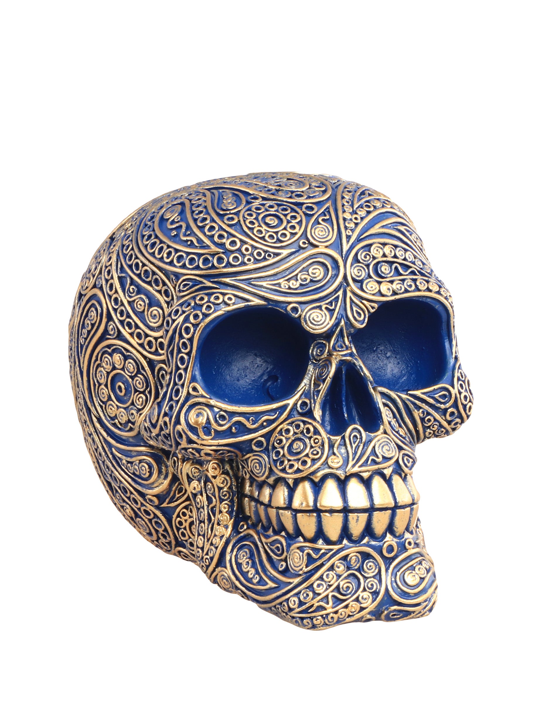 Crâne baroque pour décoration bleu et doré en résine