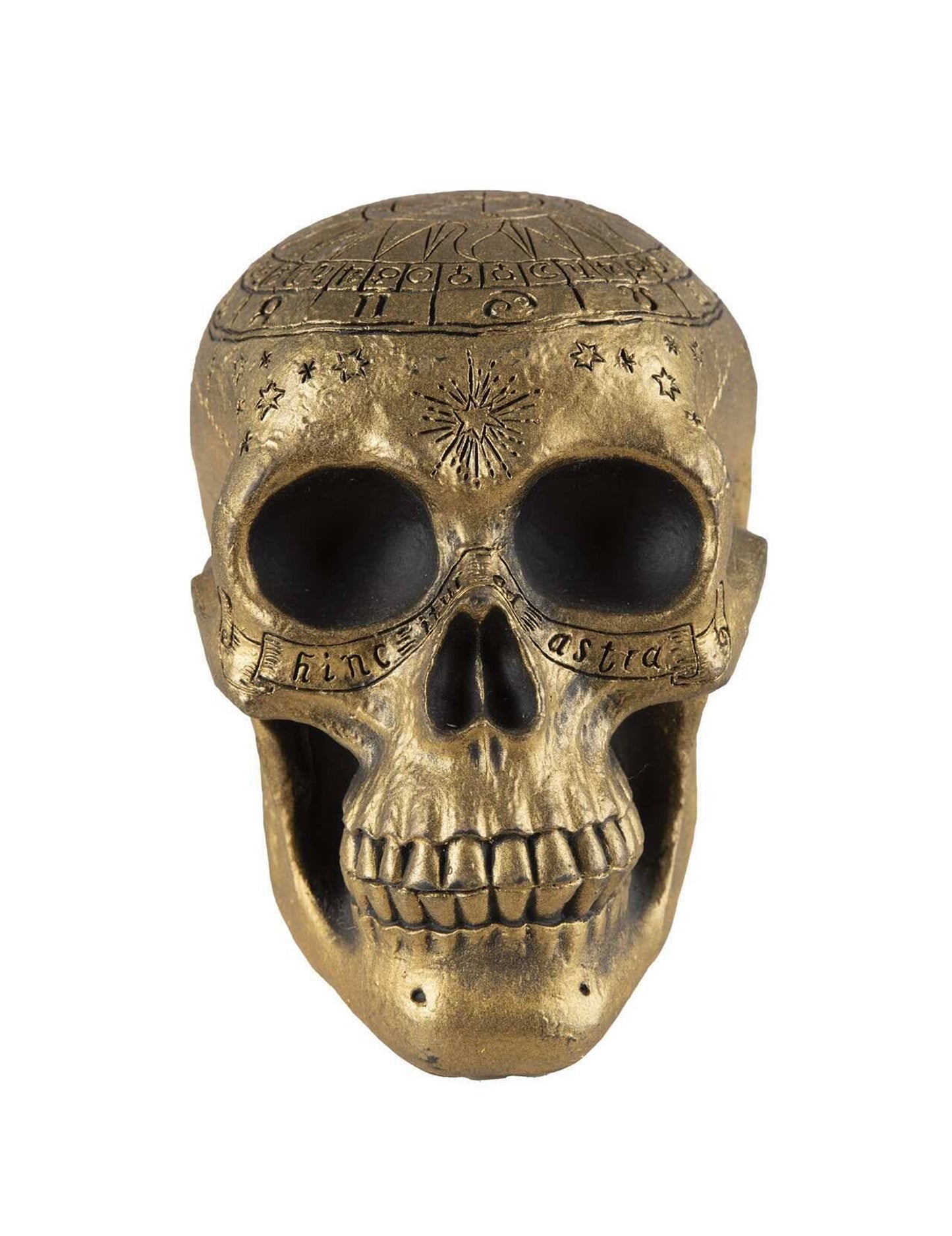 Vue de face du crâne de squelette avec pentagramme doré