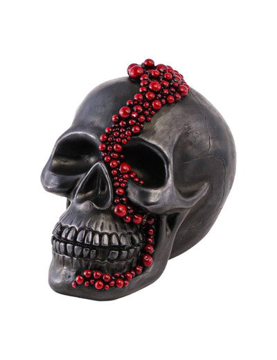 Crâne décoratif en résine noir avec perles rouge sang 15 x 23 x 18 cm