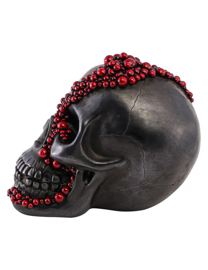 Crâne décoratif en résine noir avec perles rouge sang 15 x 23 x 18 cm