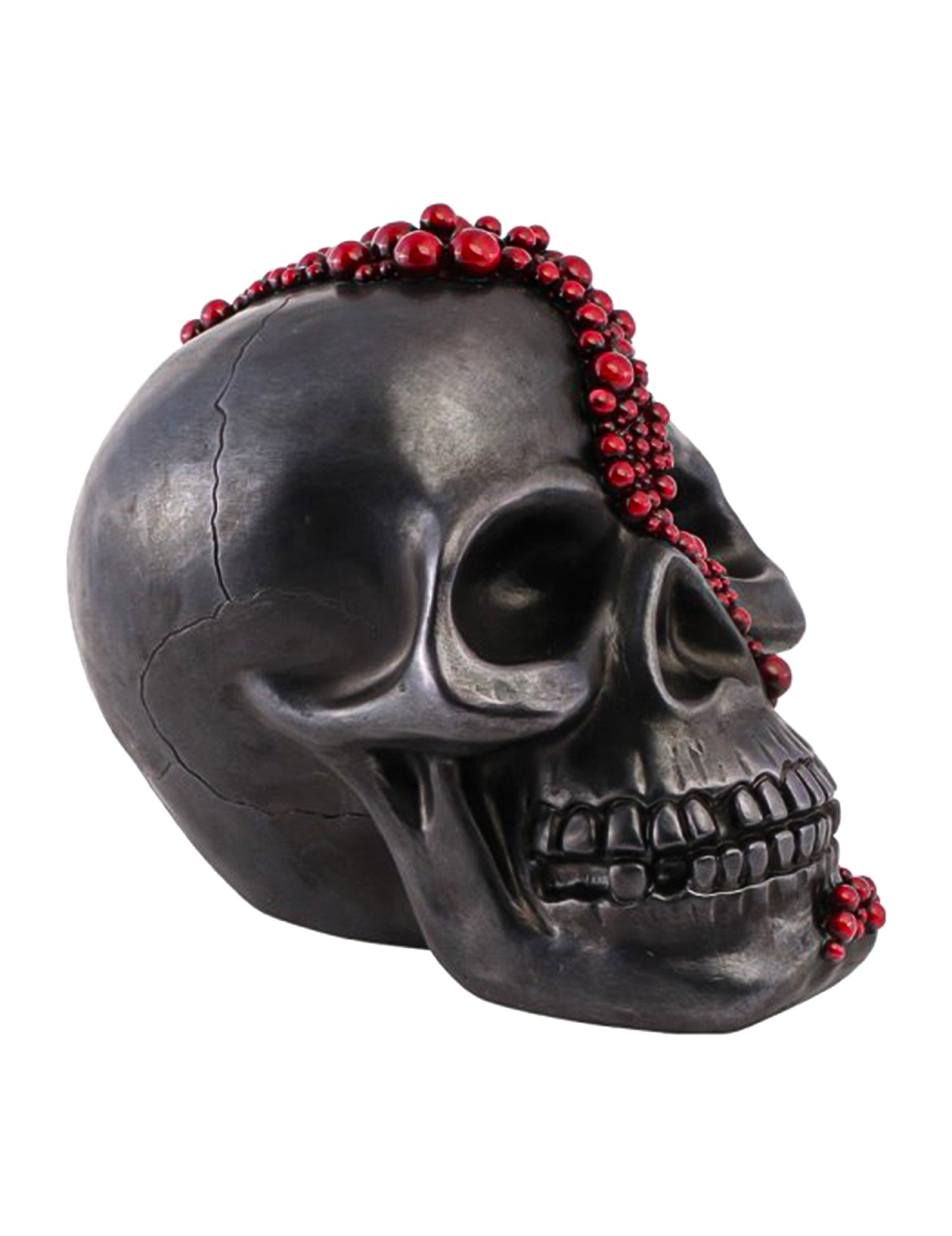 Crâne décoratif en résine noir avec perles rouge sang 15 x 23 x 18 cm