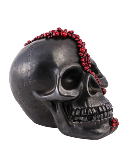 Crâne décoratif en résine noir avec perles rouge sang 15 x 23 x 18 cm