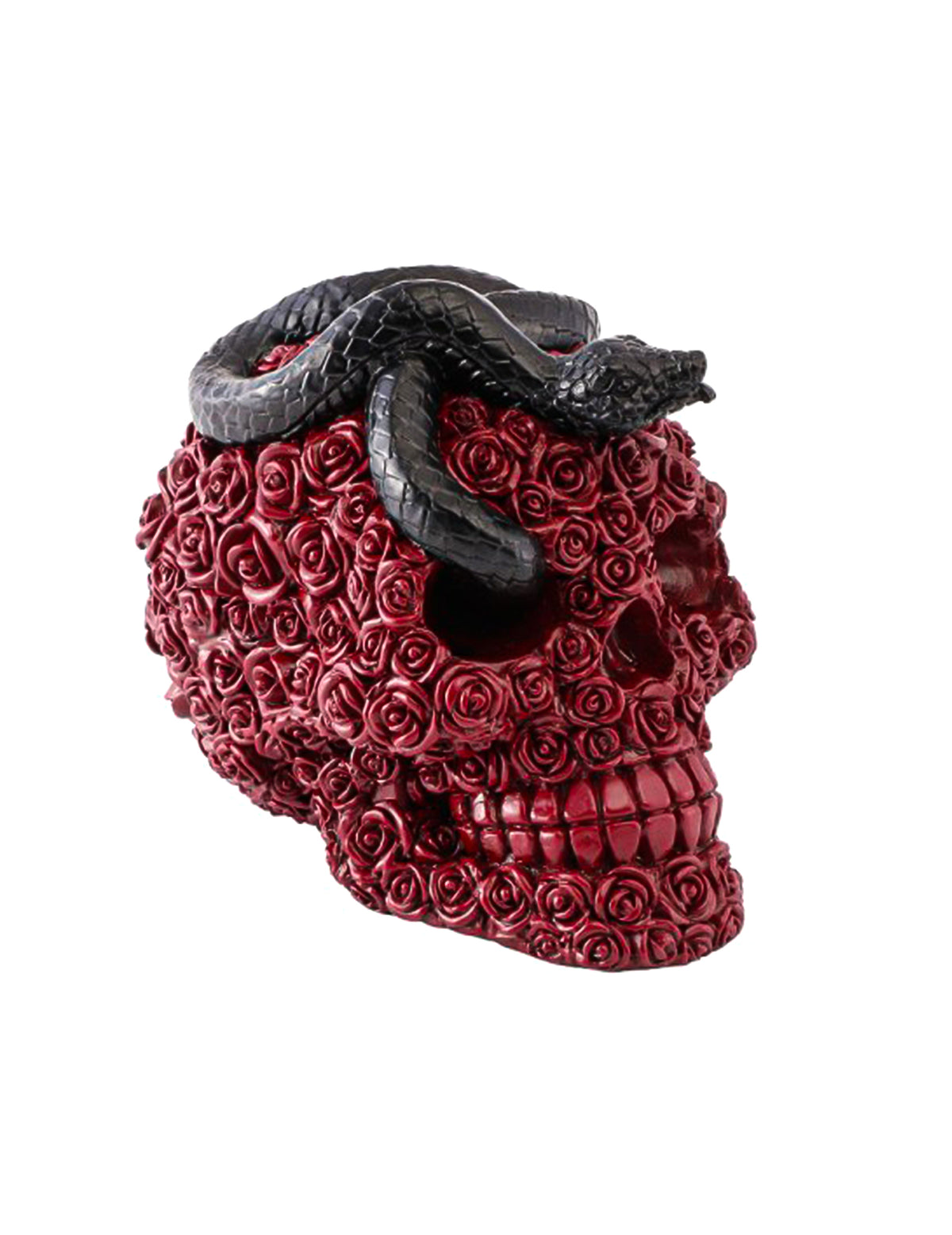 Crâne en résine avec roses rouges et serpent noir 10,5 x 15 x 13 cm
