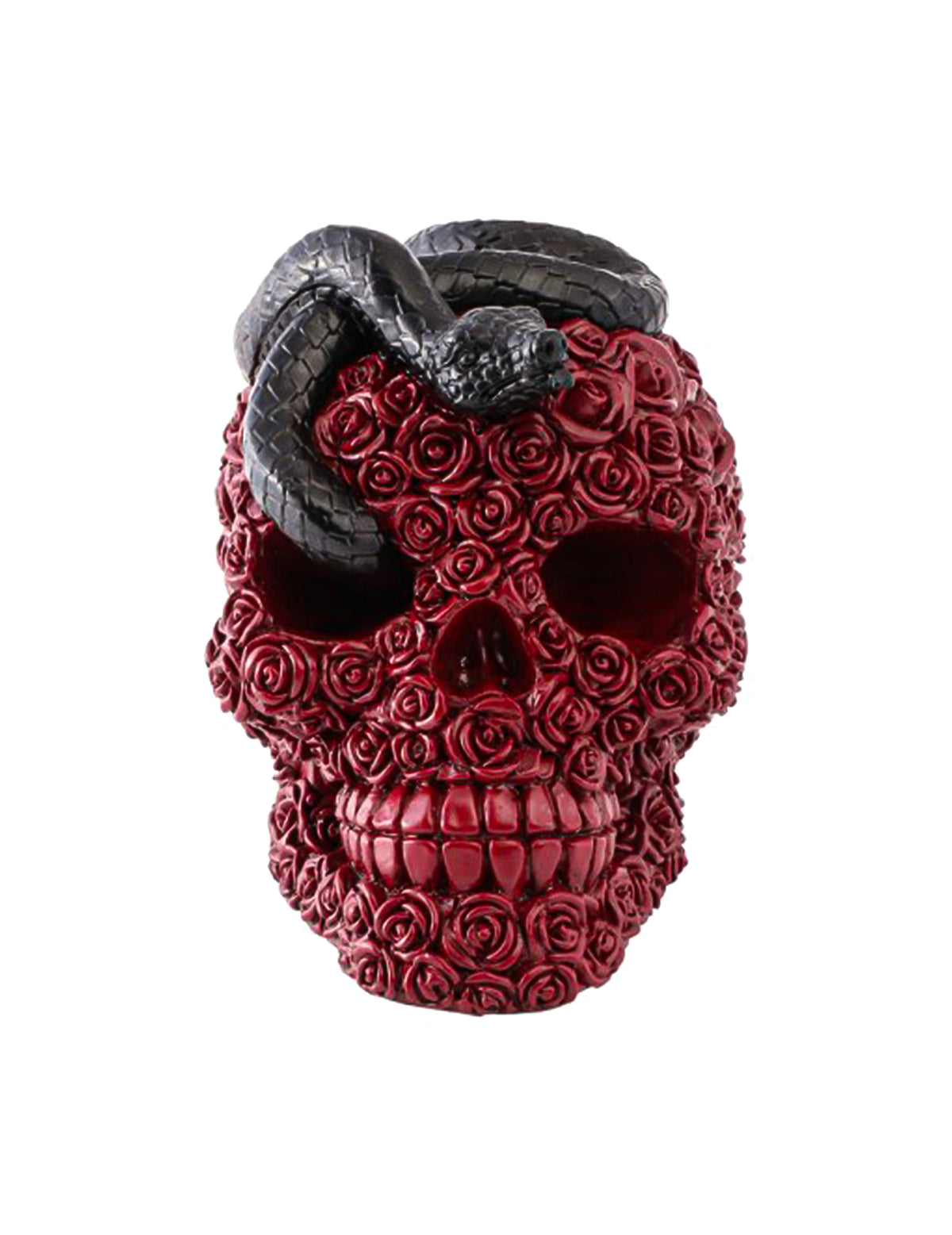 Crâne en résine avec roses rouges et serpent noir 10,5 x 15 x 13 cm