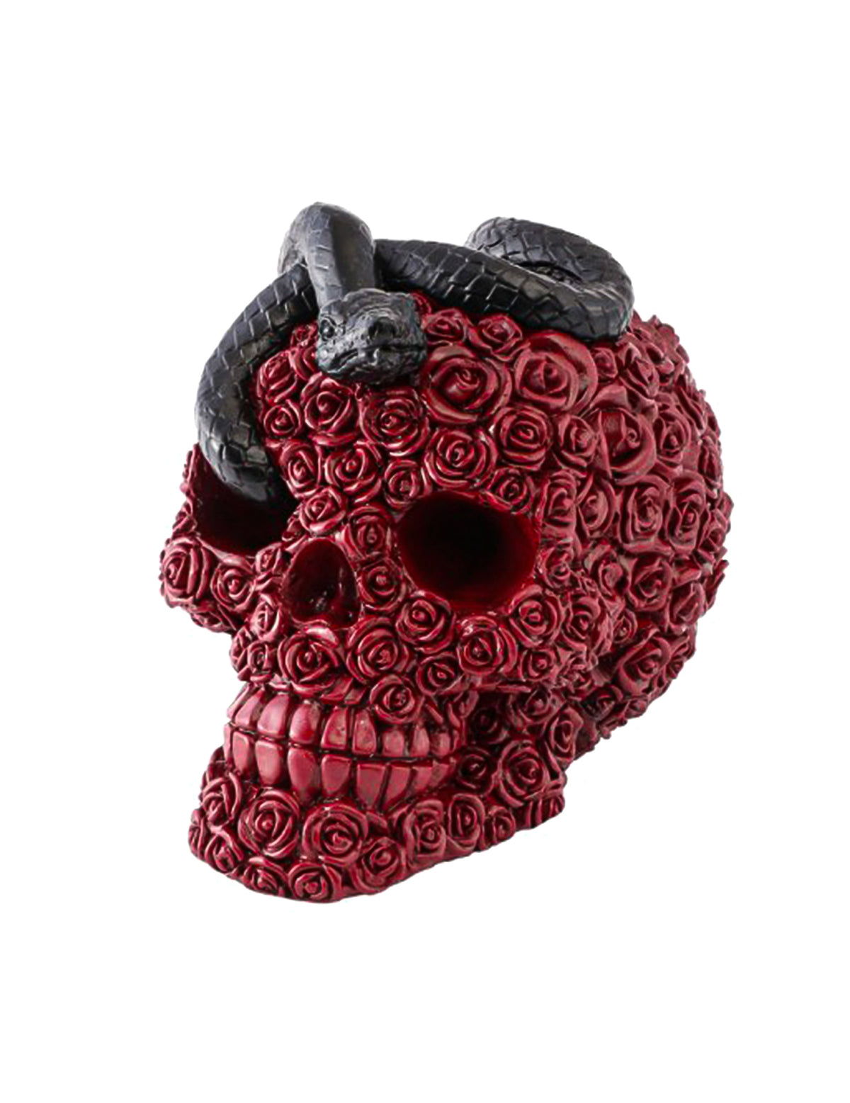 Crâne en résine avec roses rouges et serpent noir 10,5 x 15 x 13 cm
