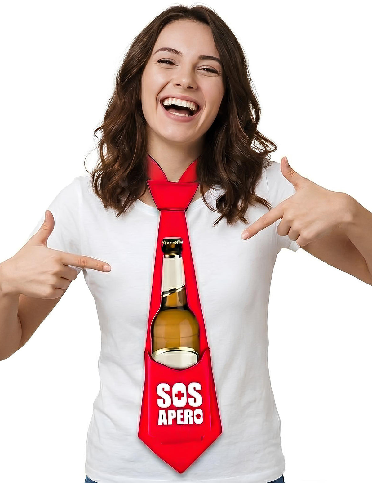 Vue portée avec une bouteille de la cravate anti-soif SOS Apéro