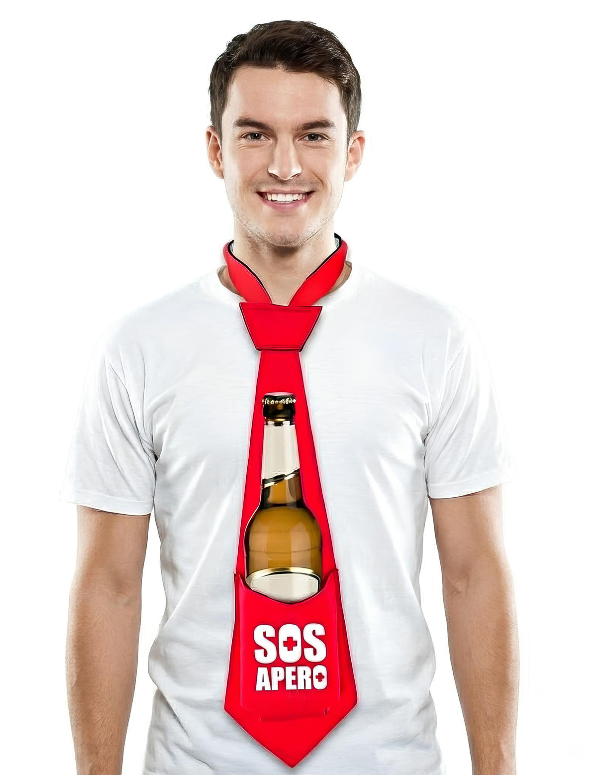 Cravate anti-soif SOS Apéro pour adulte rouge avec porte-bouteille